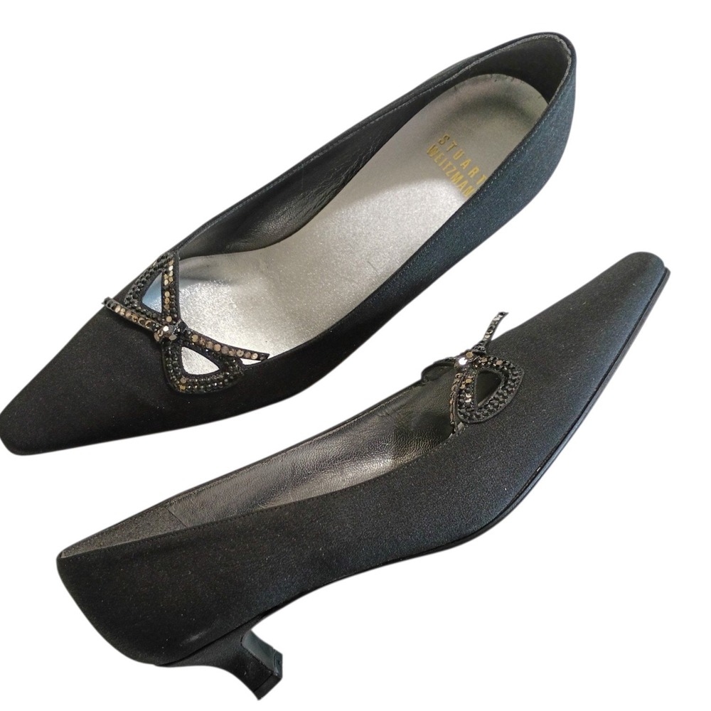 Vintage Stuart Weitzman Black Satin Crystal Bow Pointed Toe Kitten Heel Pumps 8M